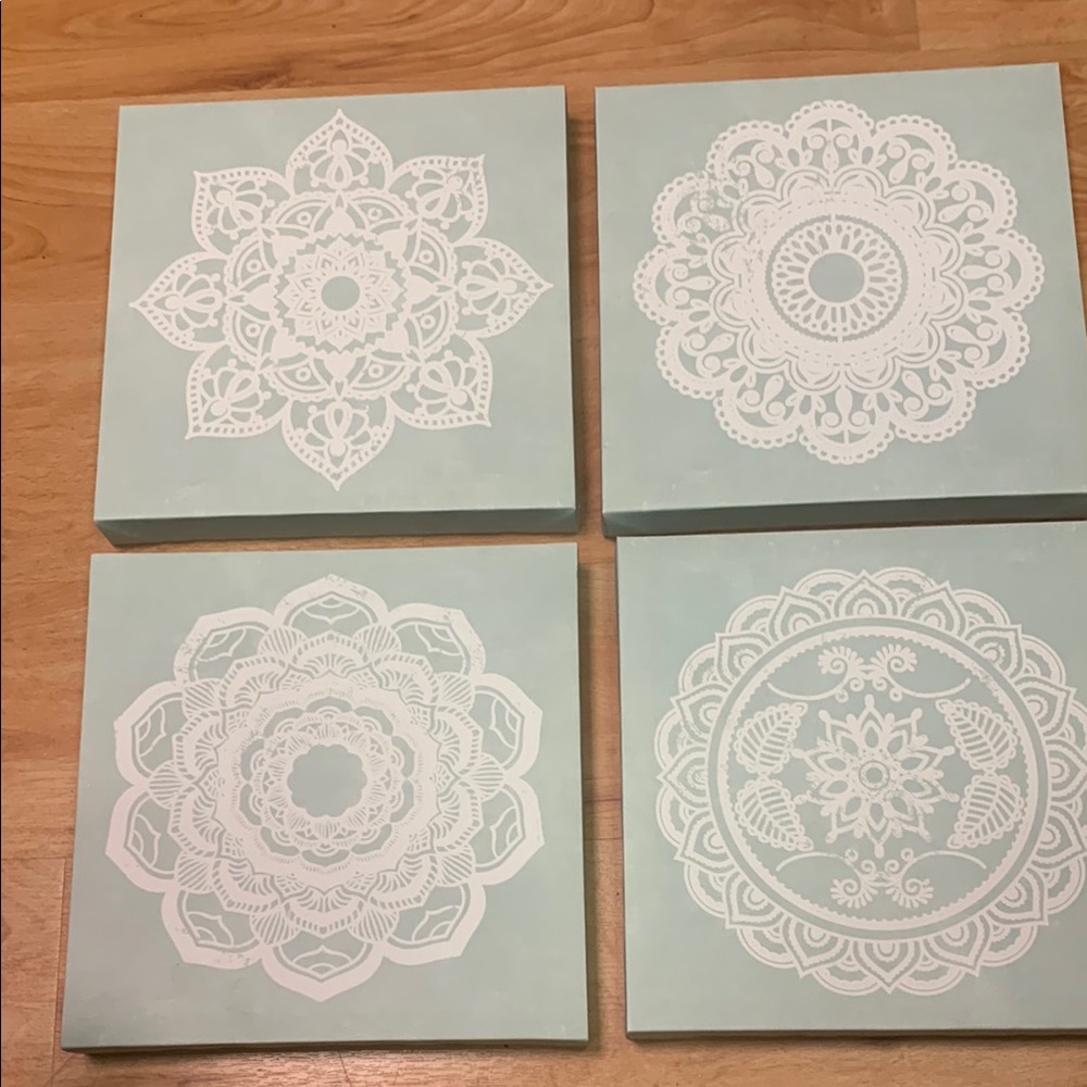 Mandala Wall Art Set - White on Light Green Canvas